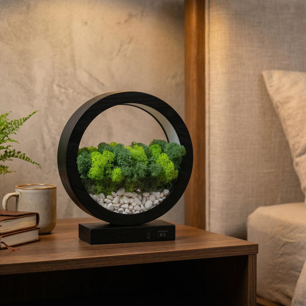 Black Wooden Table Lamp with Preserved Moss