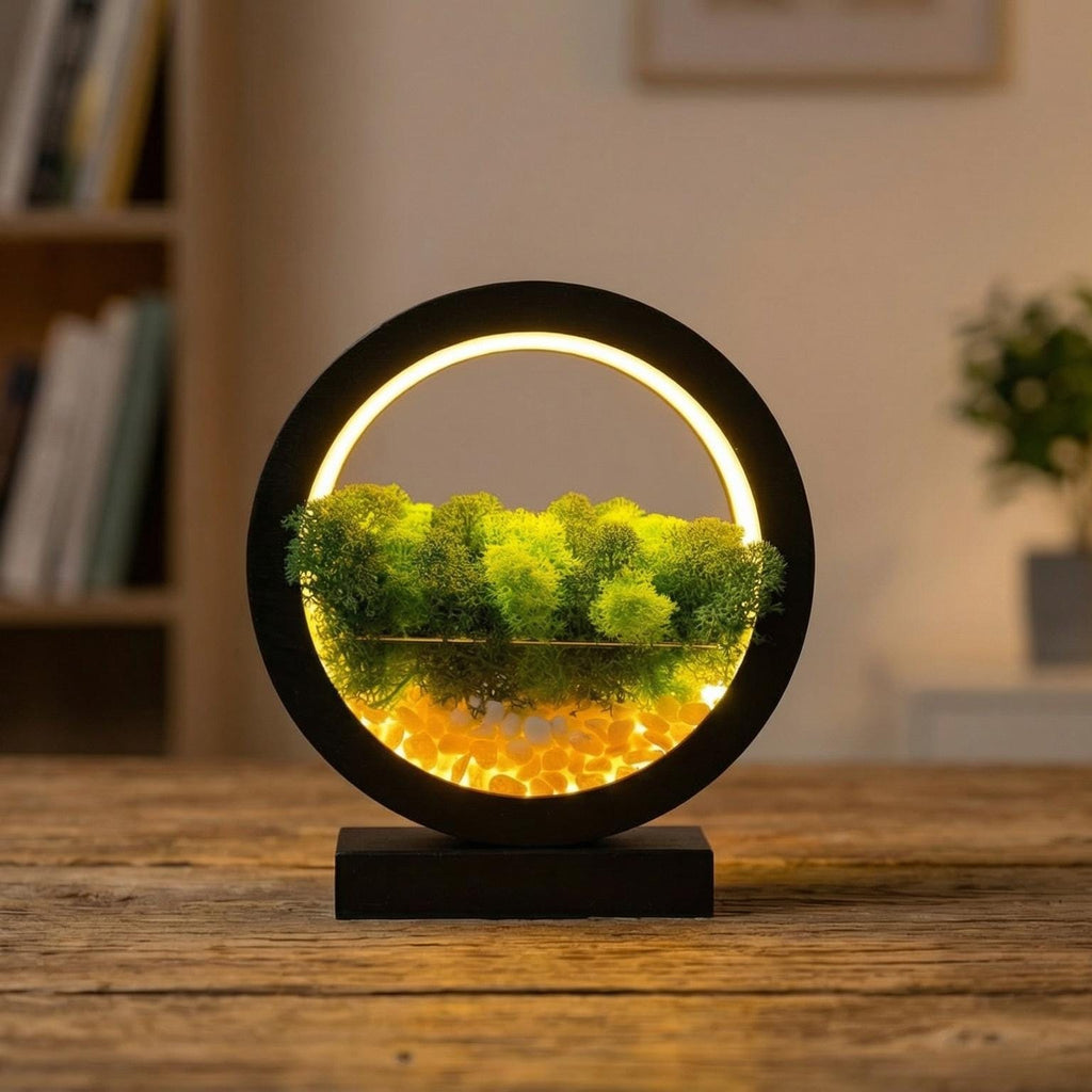 Black Wooden Table Lamp with Preserved Moss