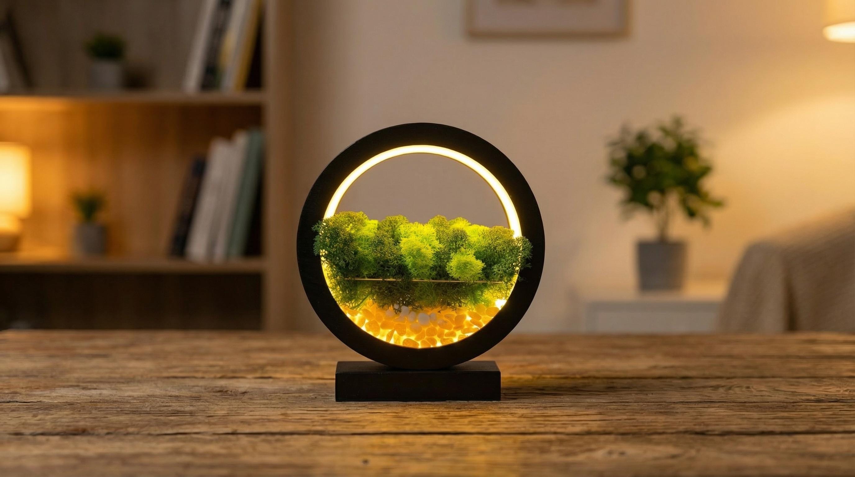 Wooden Table Lamp with Preserved Moss | Terrarium Night Light | Scandinavian Home Decor Lighting
