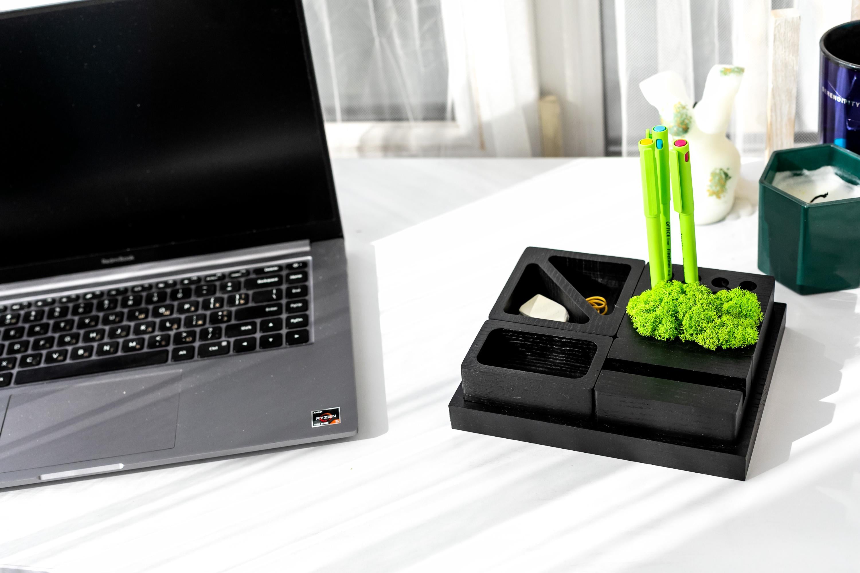 Modular Ash Wood Desk Organizer | Natural Moss Decor