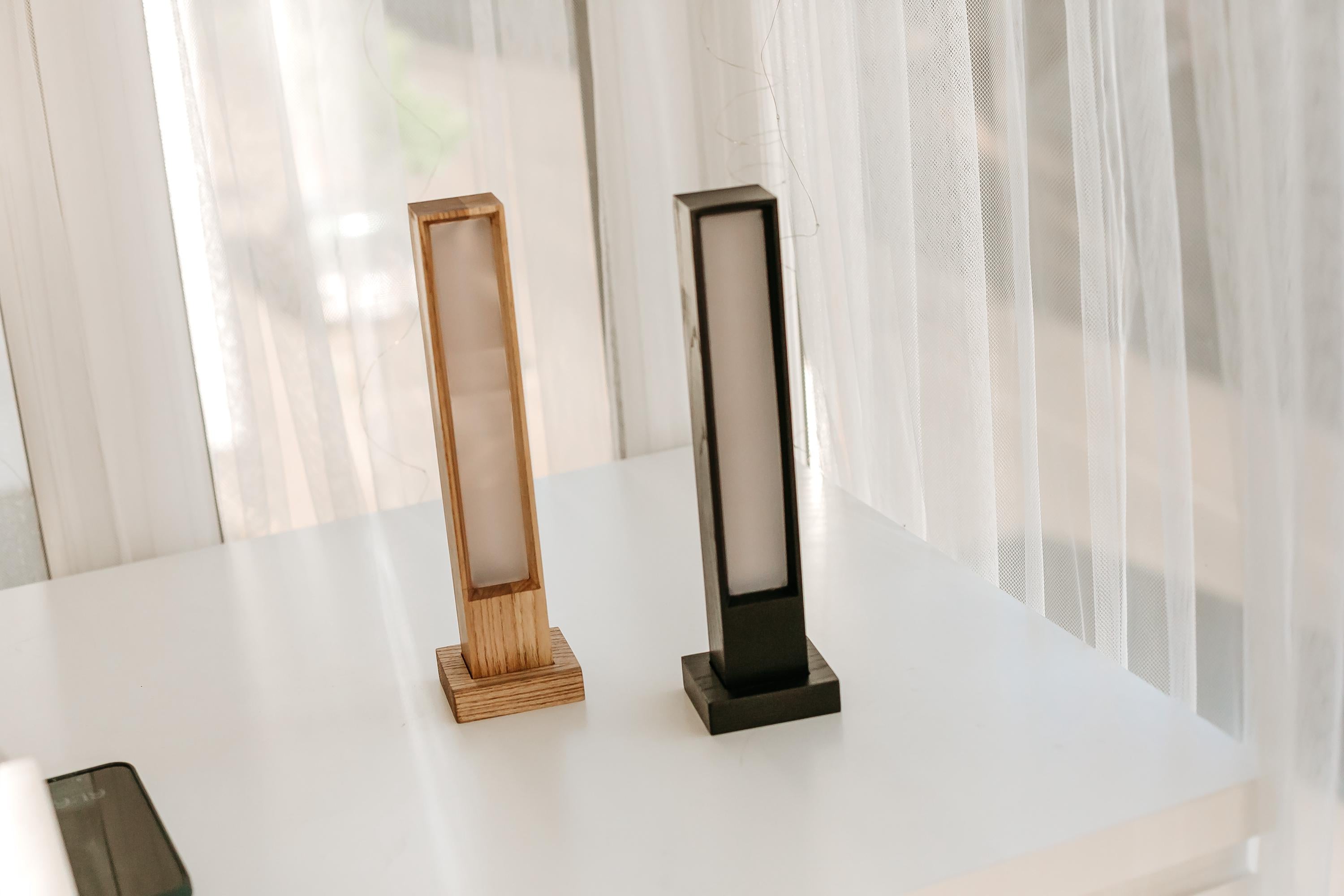 Minimalist Wood Column Lamp, Modern USB Desk Light, Geometric Office Decor