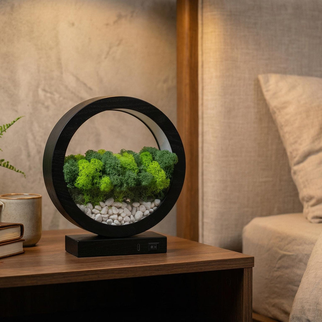 Blue LED Moss Terrarium Lamp | Zen Wood Circle Light