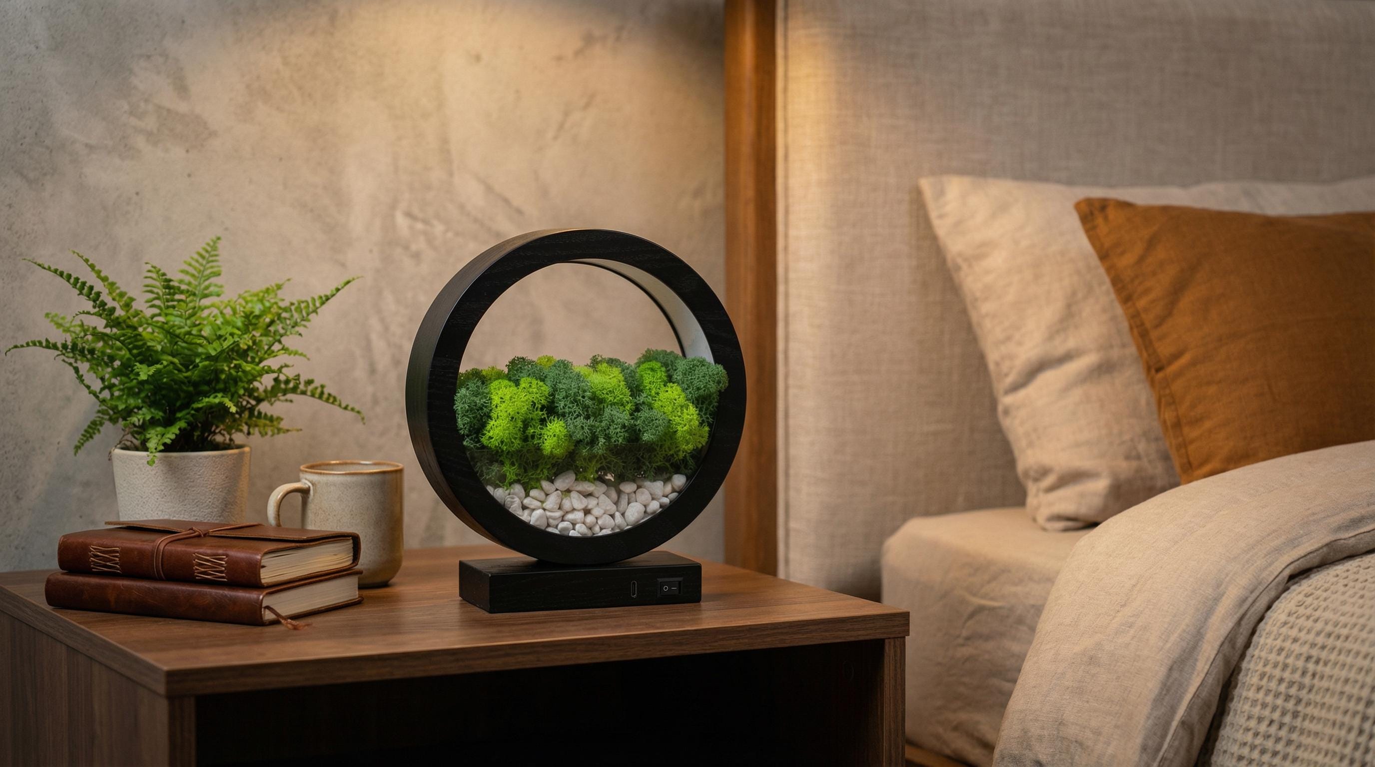 Moss Terrarium Lamp, Blue LED Wood Circle Light, Biophilic Botanical Decor, Zen Nightlight