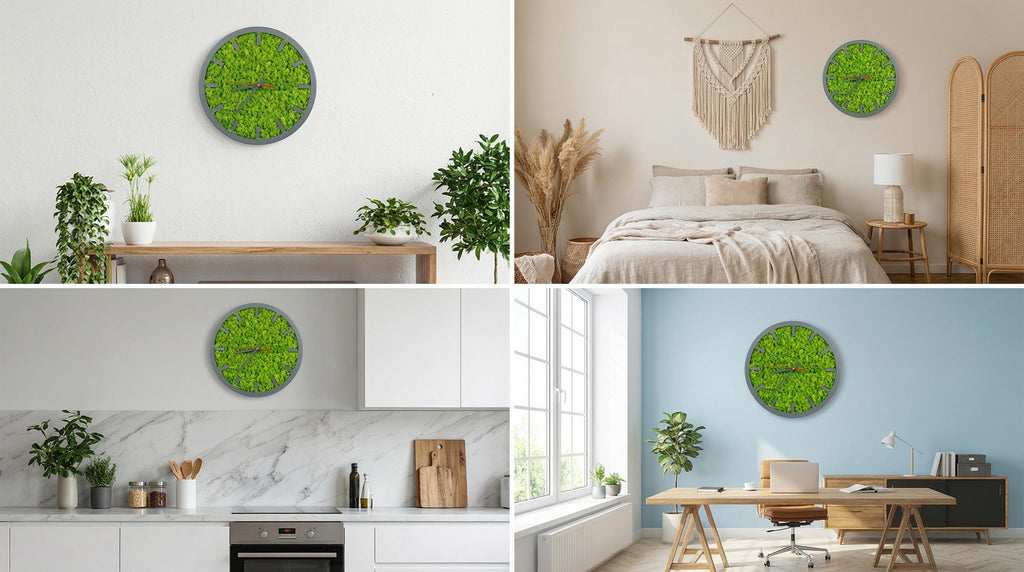 Modern Wood & Moss Wall Clock | Silent Timepiece