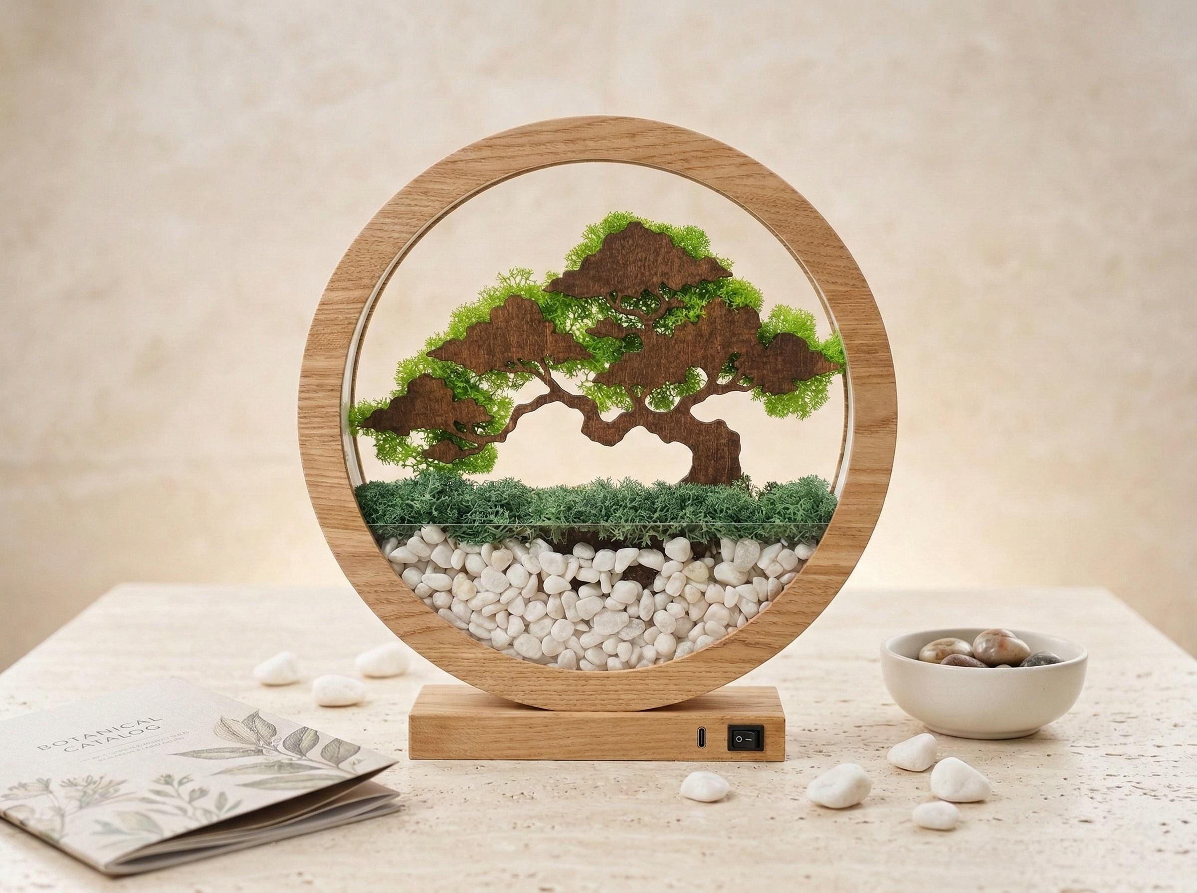 Faux Moss Bonsai Lamp, Zen Garden Tree of Life, Preserved Moss, Japandi Decor Nightlight