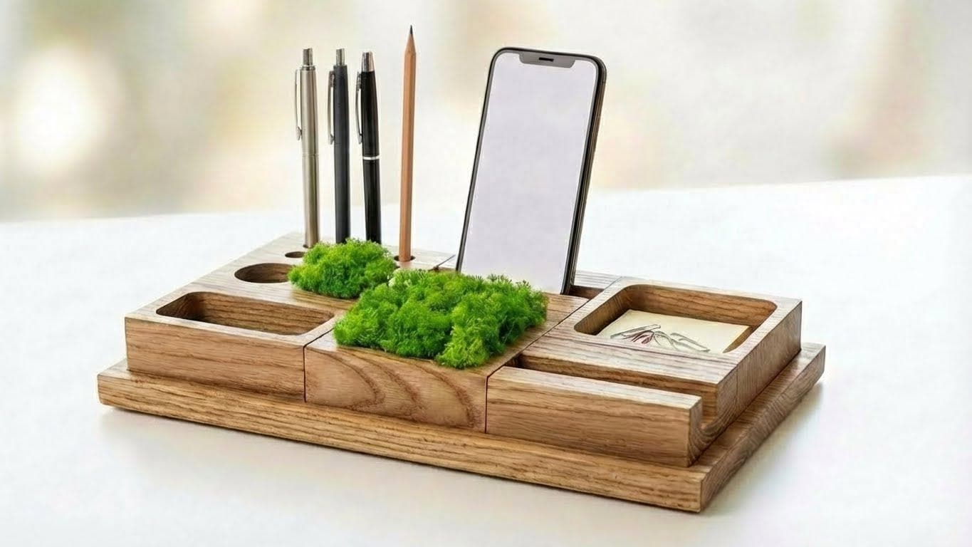 Large 6-Piece Wood Desk Organizer Set | Executive Office Storage | Modular Docking Station with Moss | Personalized Boss Gift| Ash Wood Tray