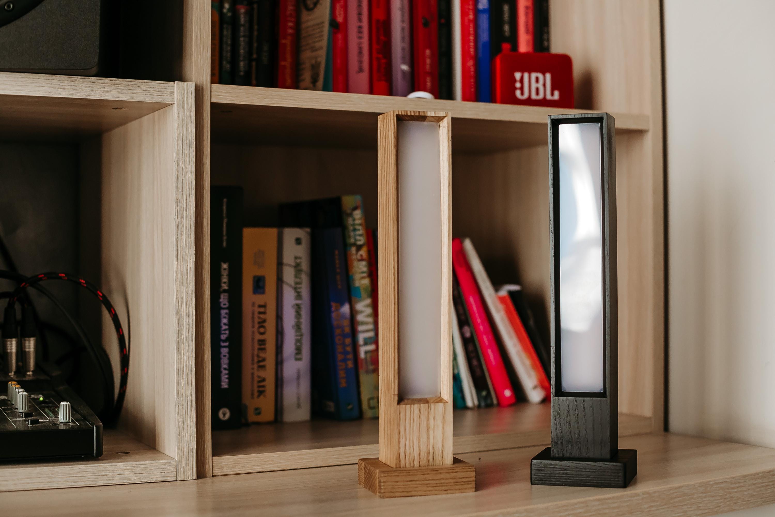 Minimalist Wood Column Lamp, Modern USB Desk Light, Geometric Office Decor