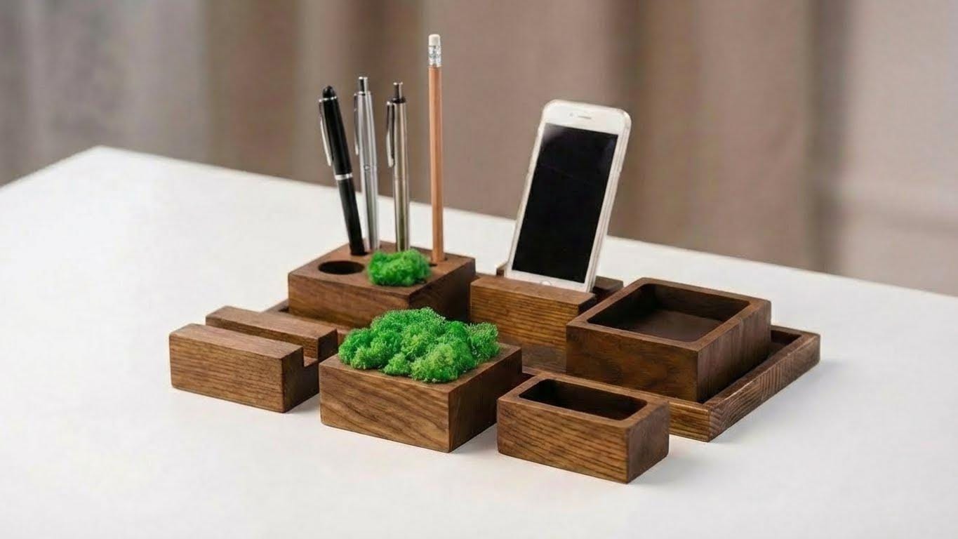 Large 6-Piece Wood Desk Organizer Set | Executive Office Storage | Modular Docking Station with Moss | Personalized Boss Gift| Ash Wood Tray