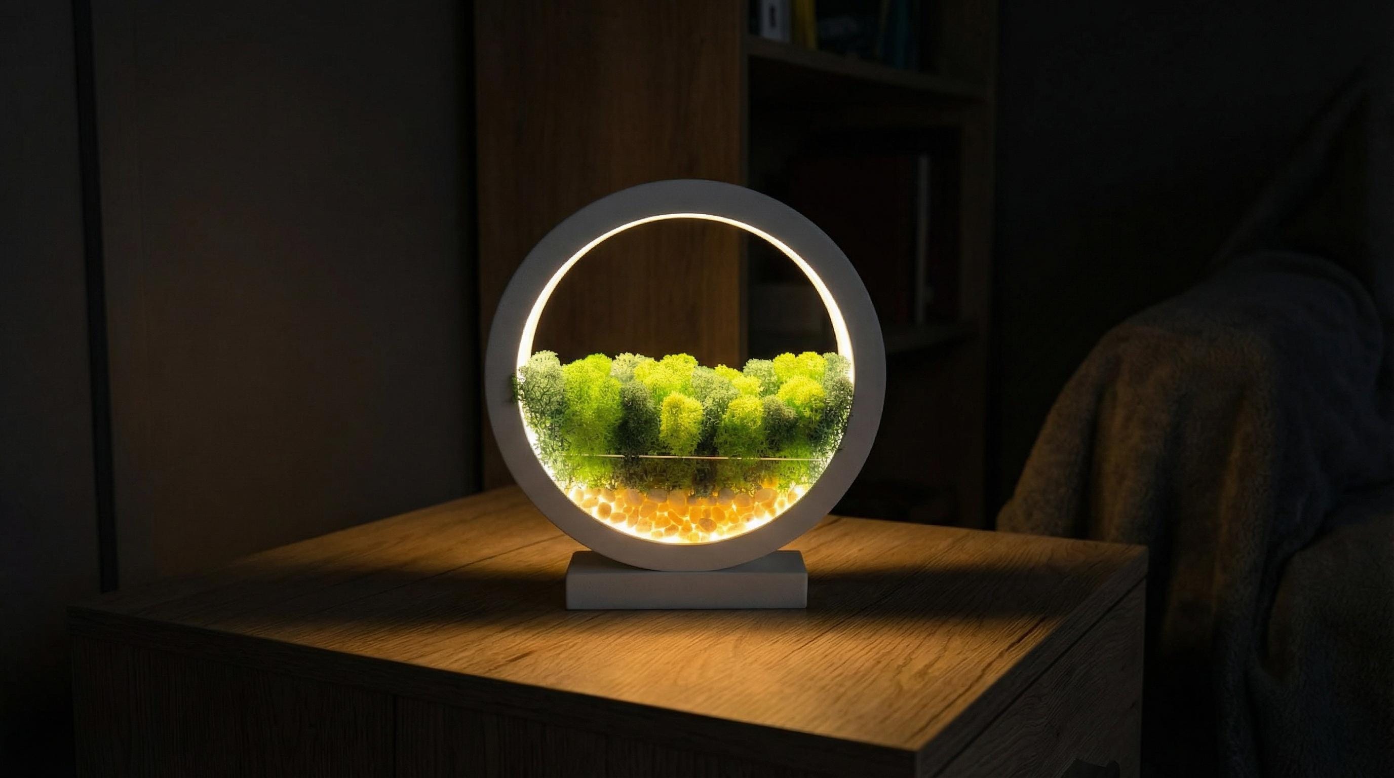 White Wooden Night Light with Moss | Minimalist Desk Lamp | Scandinavian Home Decor Lighting