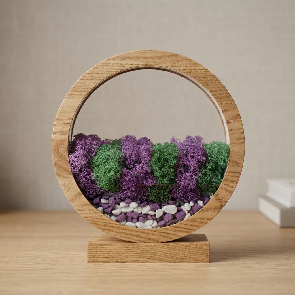 Purple & Green Moss Night Light | Round Wood Lamp
