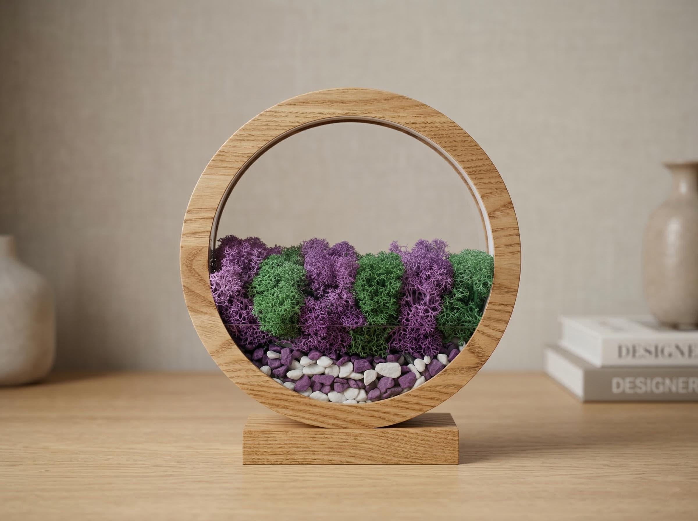 Purple Green Moss Night Light, Handmade Wood Circle Lamp, Biophilic Bedside Decor