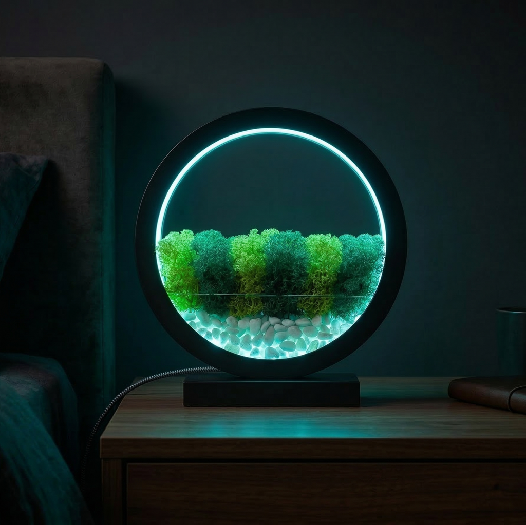 Blue LED Moss Terrarium Lamp | Zen Wood Circle Light