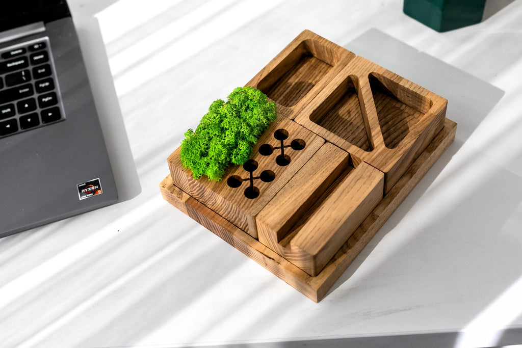 Modular Ash Wood Desk Organizer | Natural Moss Decor