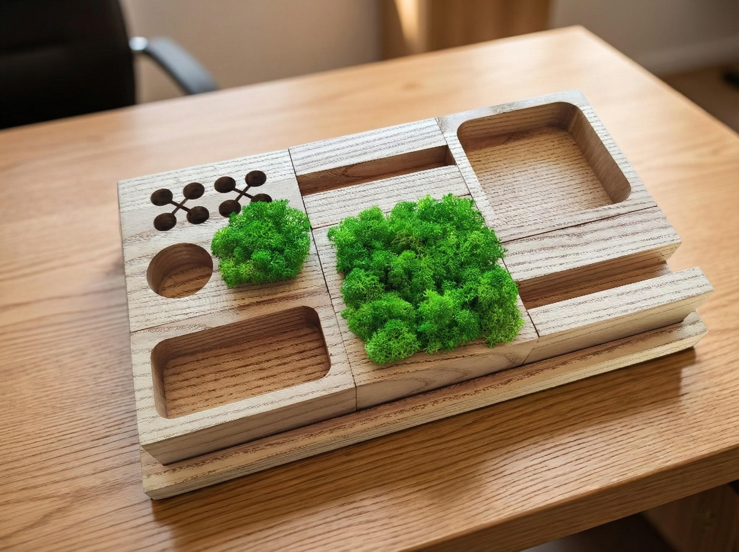 Large 6-Piece Wood Desk Organizer Set | Executive Office Storage | Modular Docking Station with Moss | Personalized Boss Gift| Ash Wood Tray