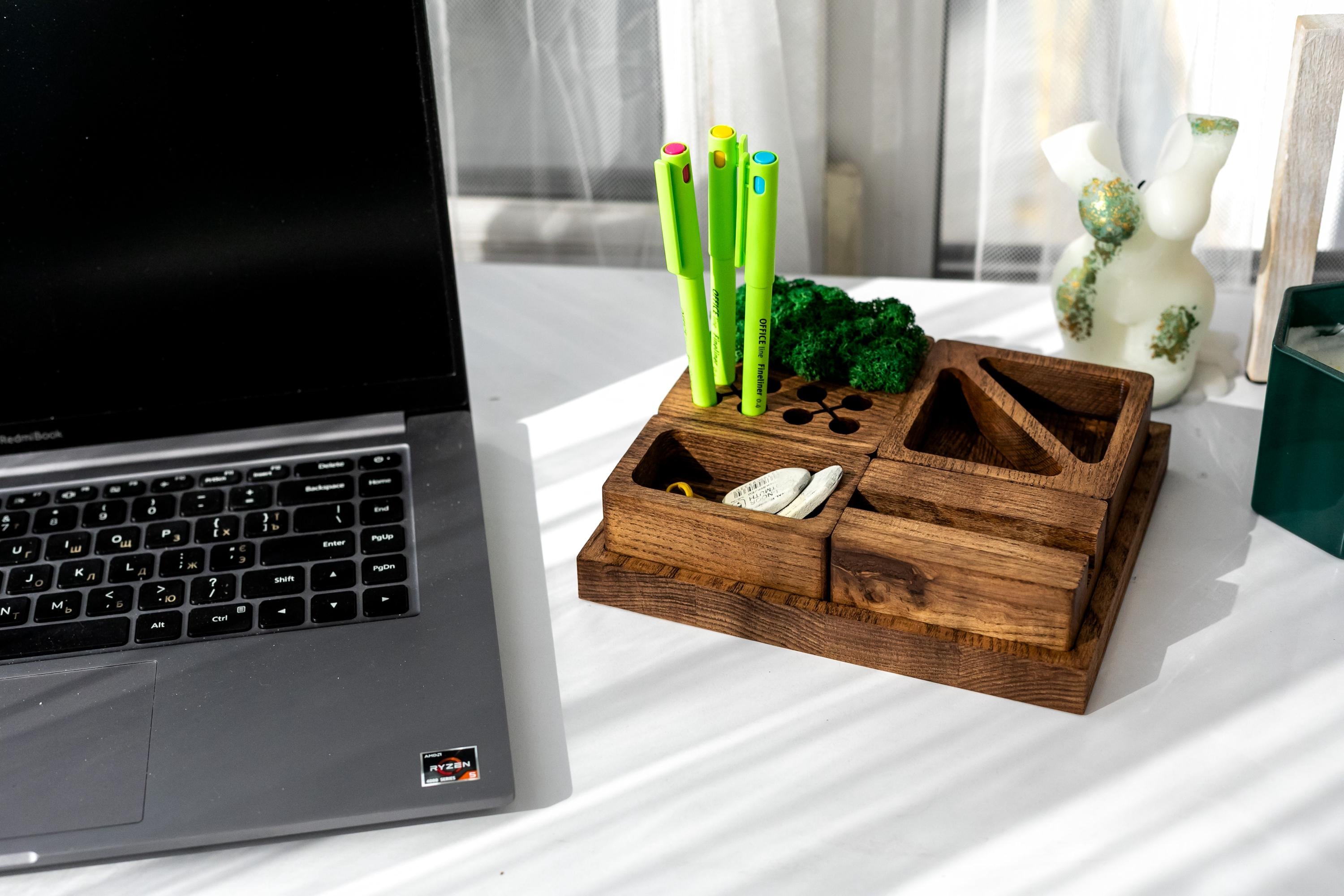 Modular Ash Wood Desk Organizer with Moss | Eco Friendly Office Storage | Wooden Docking Station | Mens Office Gift | Minimalist Desk Setup