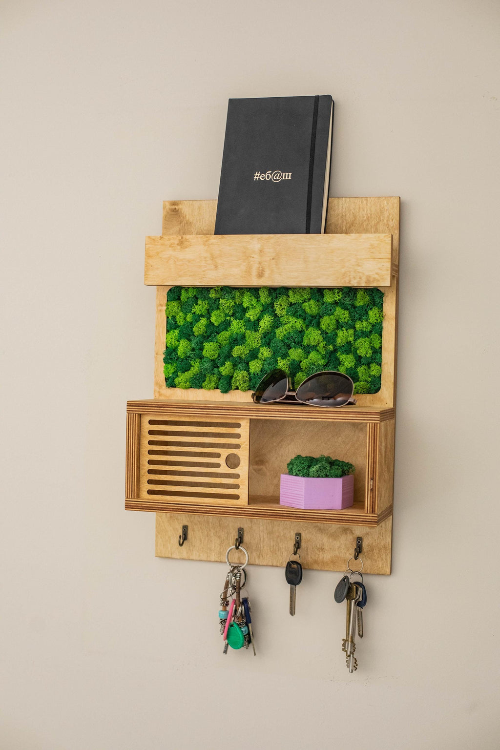 Moss Wall Key Holder with Shelf | Modern Entryway Organizer | Eco Friendly Home Decor
