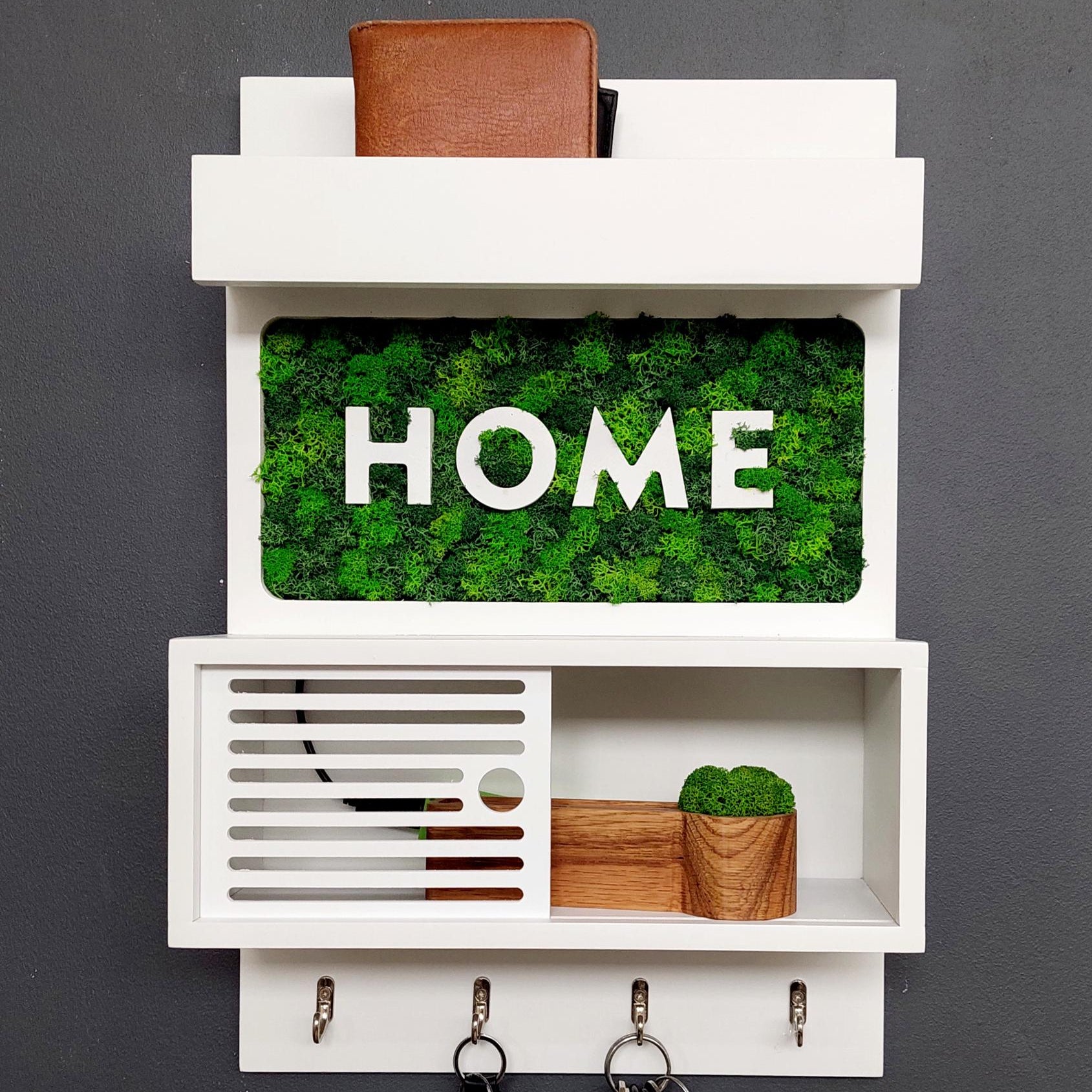 Moss Wall Key Holder with Shelf | Modern Entryway Organizer | Eco Friendly Home Decor
