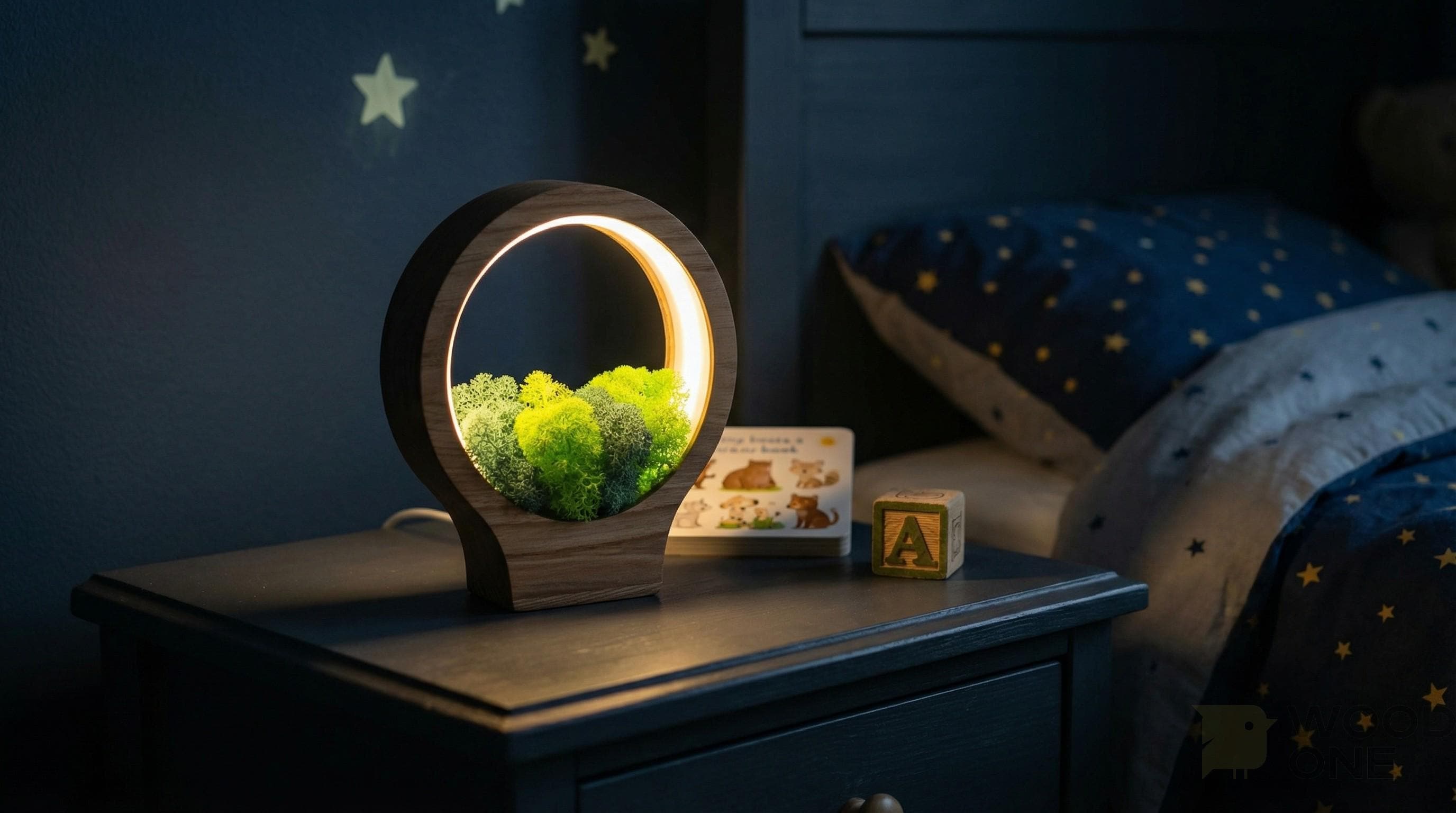 Wooden Moss Night Light | Handmade Terrarium Desk Lamp (USB-C Powered)