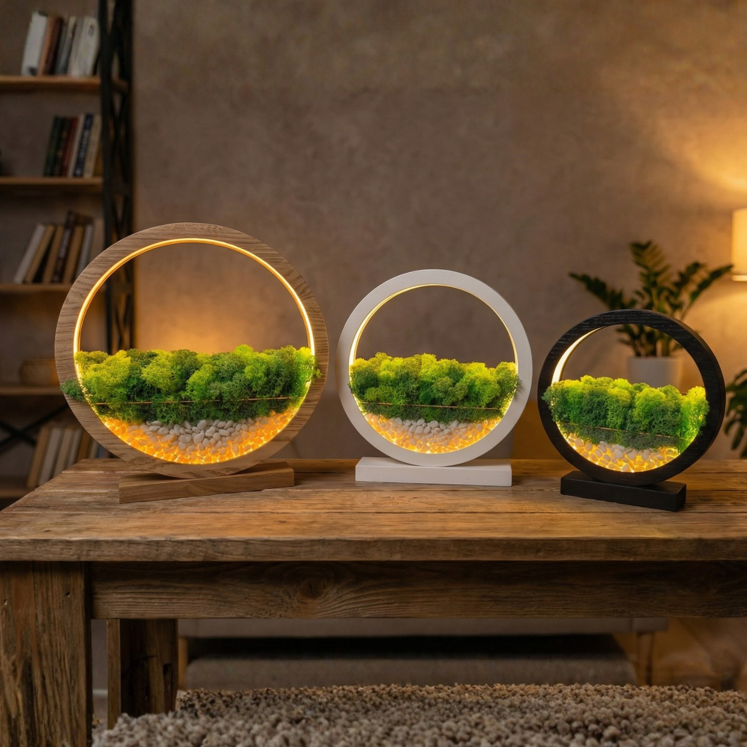 Black Wooden Table Lamp with Preserved Moss