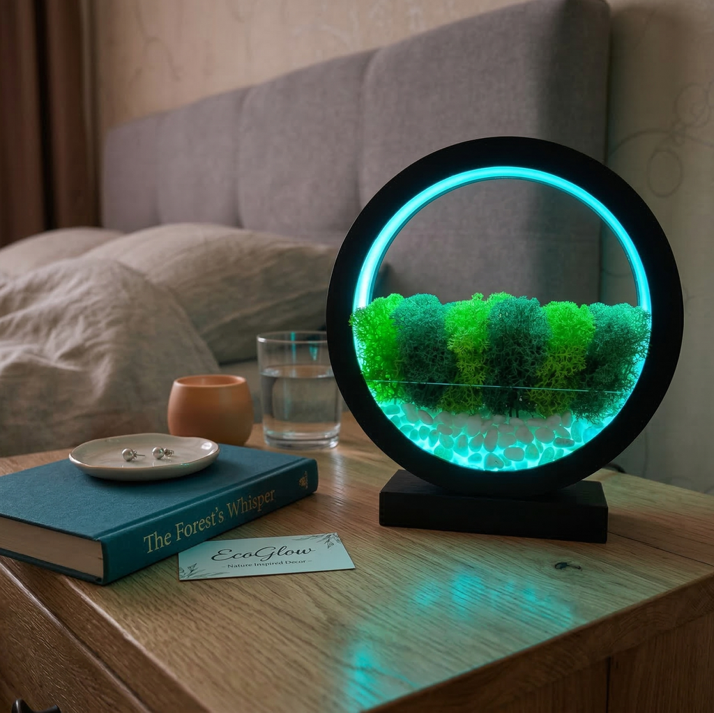 Blue LED Moss Terrarium Lamp | Zen Wood Circle Light