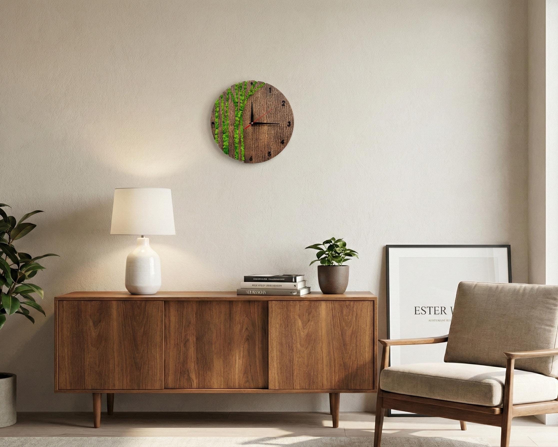 Wood and Stabilized Moss Wall Clock | Modern Eco Decor