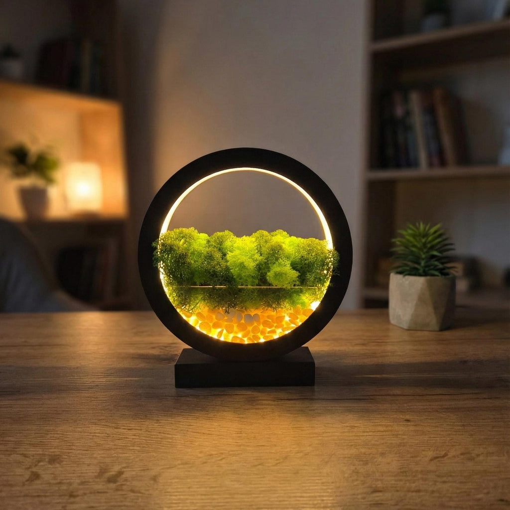 Black Wooden Table Lamp with Preserved Moss