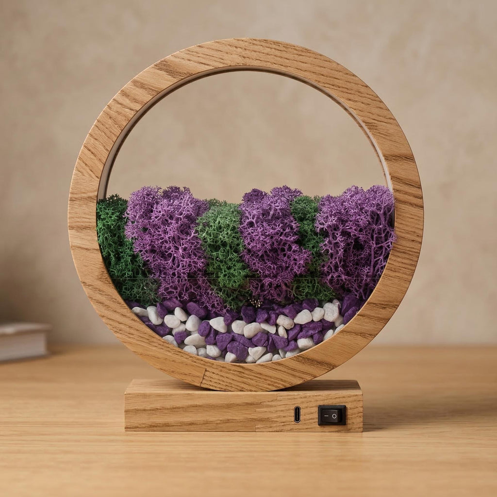 Purple & Green Moss Night Light | Round Wood Lamp