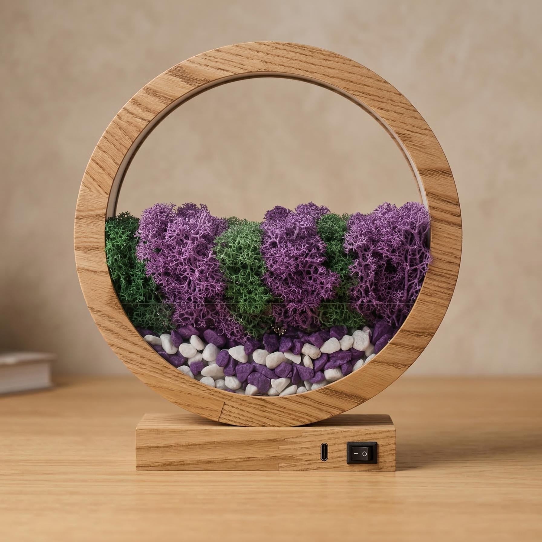 Purple & Green Moss Night Light | Round Wood Lamp