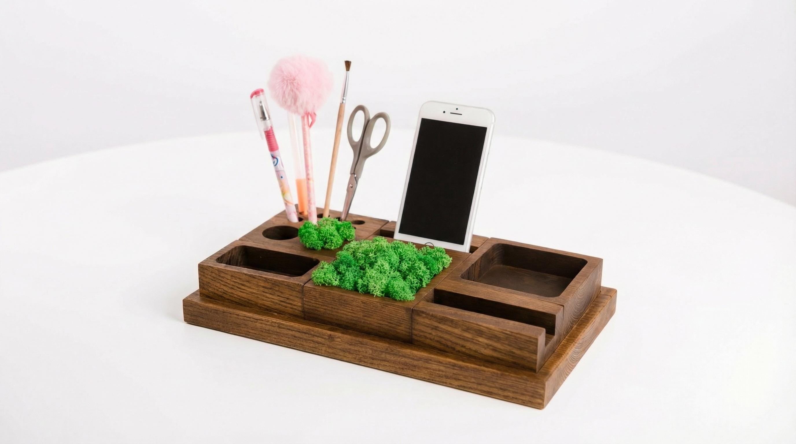 Large 6-Piece Wood Desk Organizer Set | Executive Office Storage | Modular Docking Station with Moss | Personalized Boss Gift| Ash Wood Tray