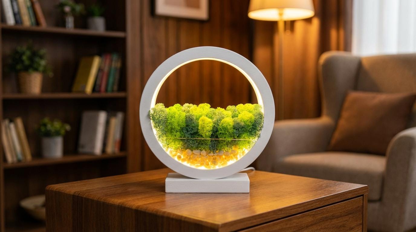 White Wooden Night Light with Moss | Minimalist Desk Lamp | Scandinavian Home Decor Lighting