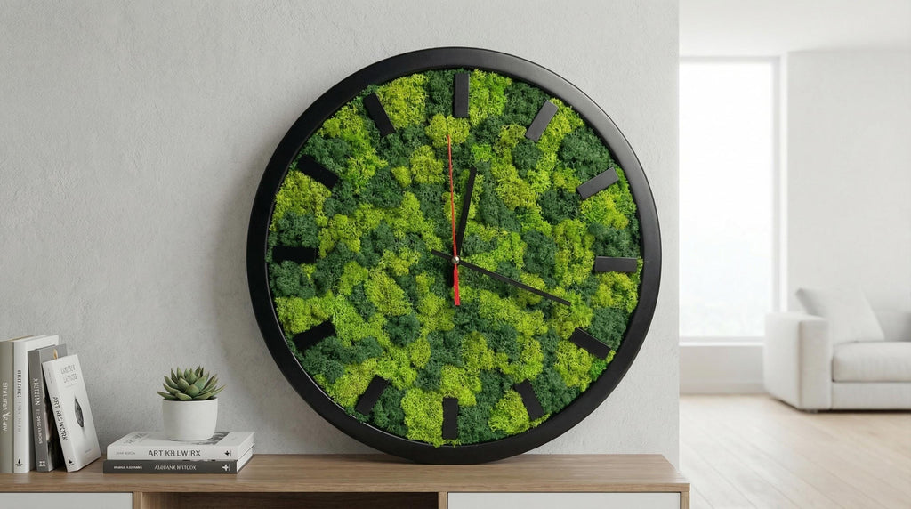 Modern Wood & Moss Wall Clock | Silent Timepiece