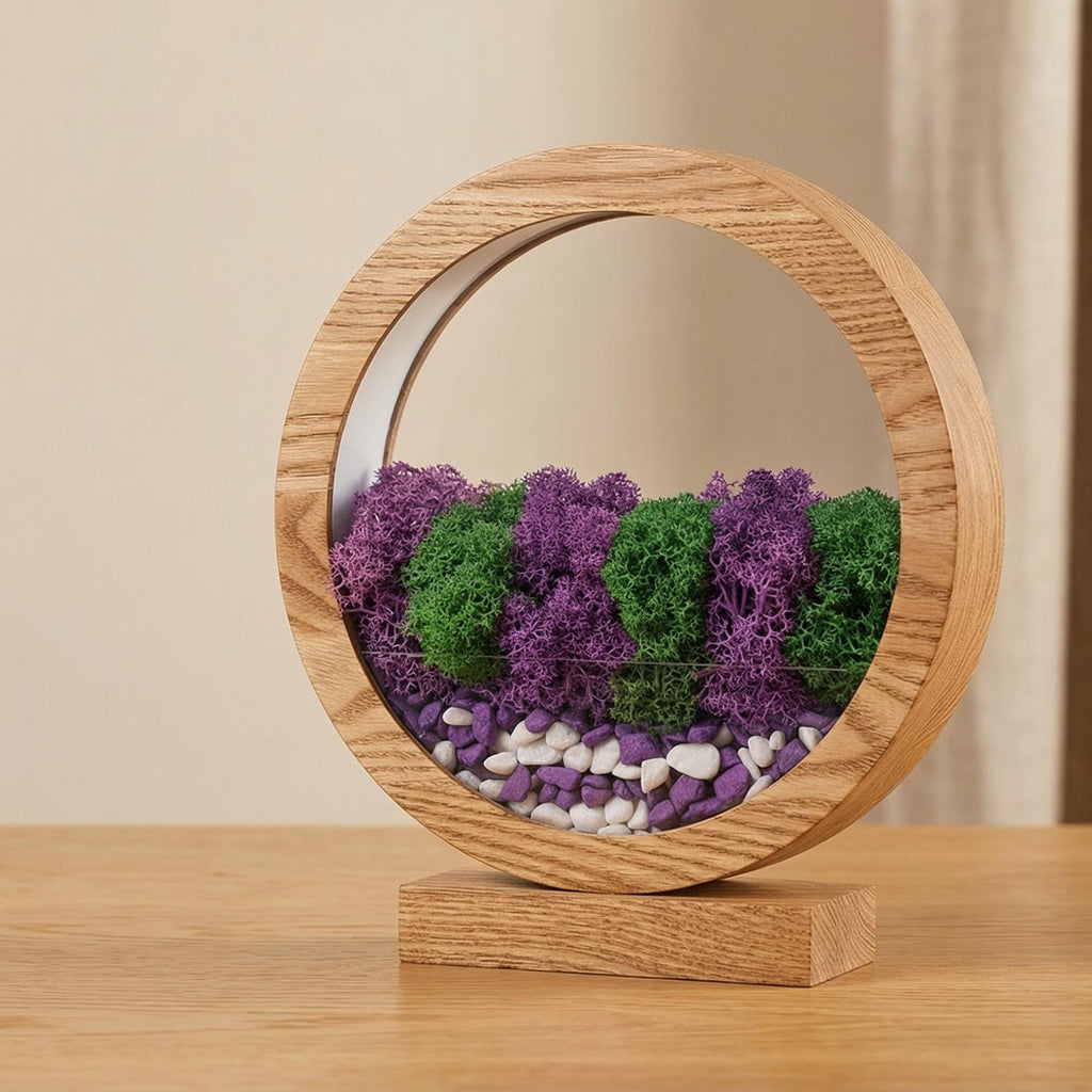 Purple & Green Moss Night Light | Round Wood Lamp