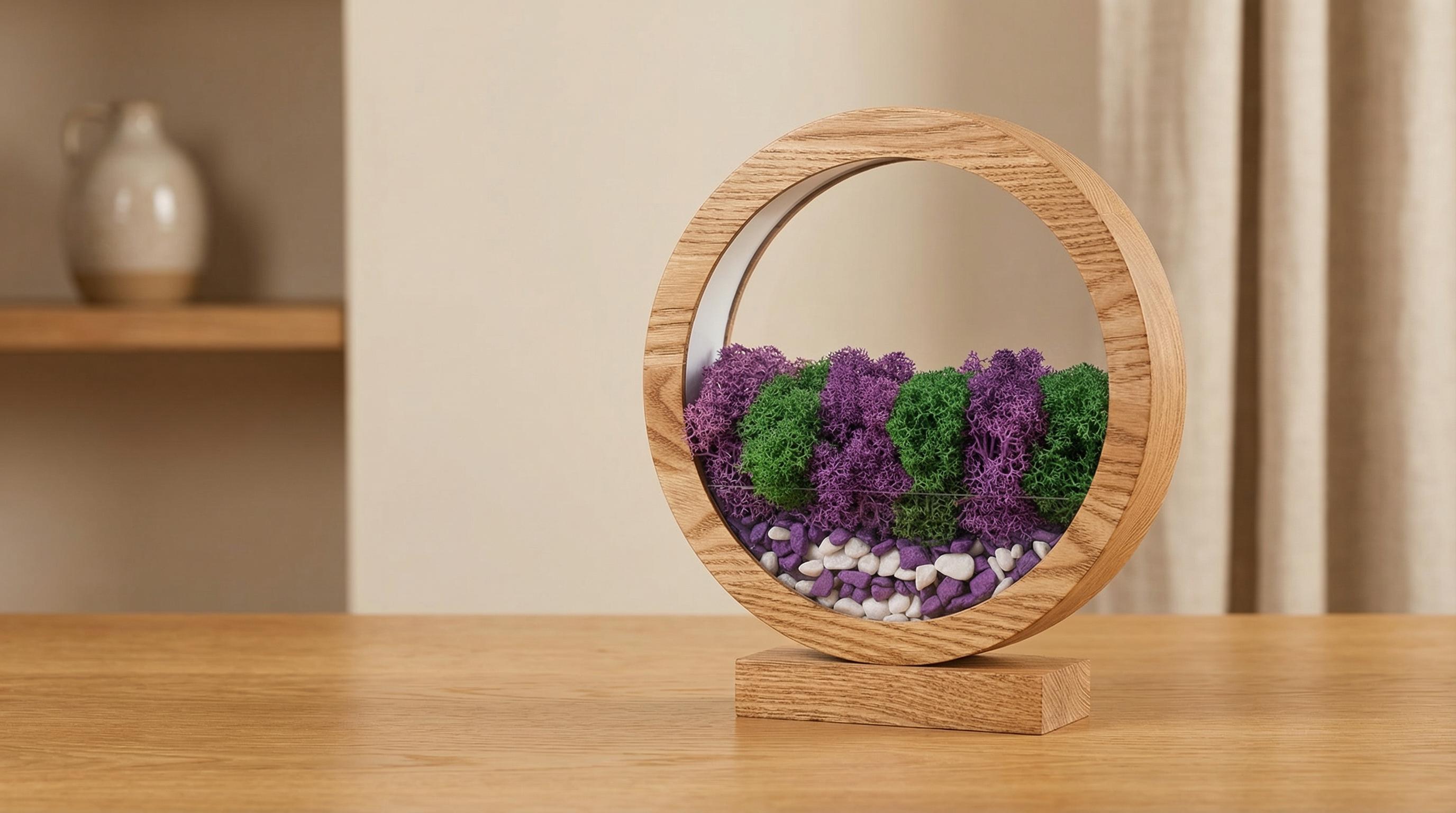 Purple Green Moss Night Light, Handmade Wood Circle Lamp, Biophilic Bedside Decor