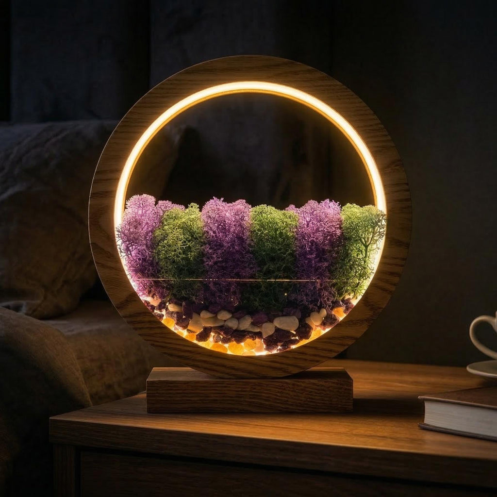 Purple & Green Moss Night Light | Round Wood Lamp