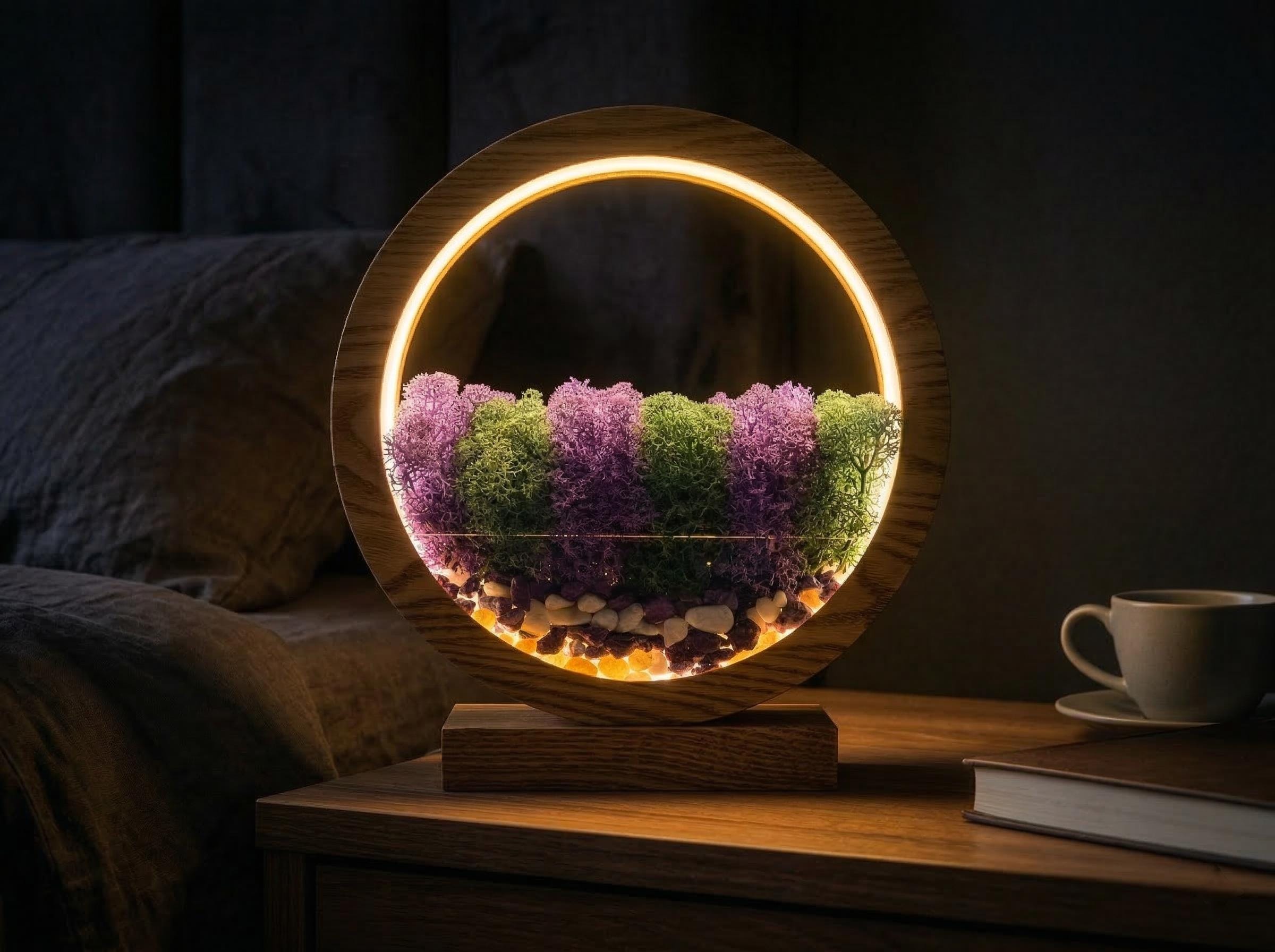 Purple Green Moss Night Light, Handmade Wood Circle Lamp, Biophilic Bedside Decor
