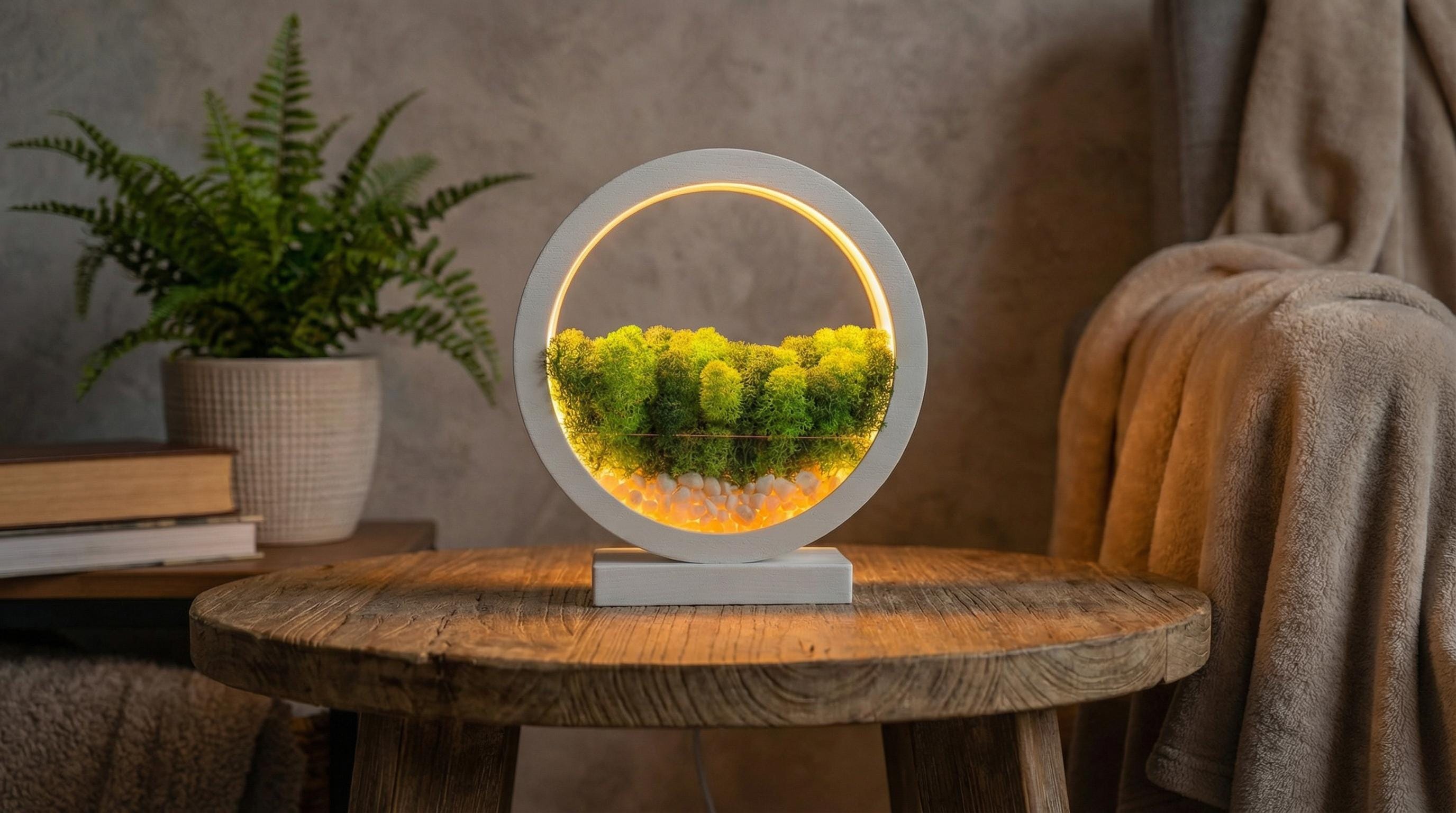 White Wooden Night Light with Moss | Minimalist Desk Lamp | Scandinavian Home Decor Lighting