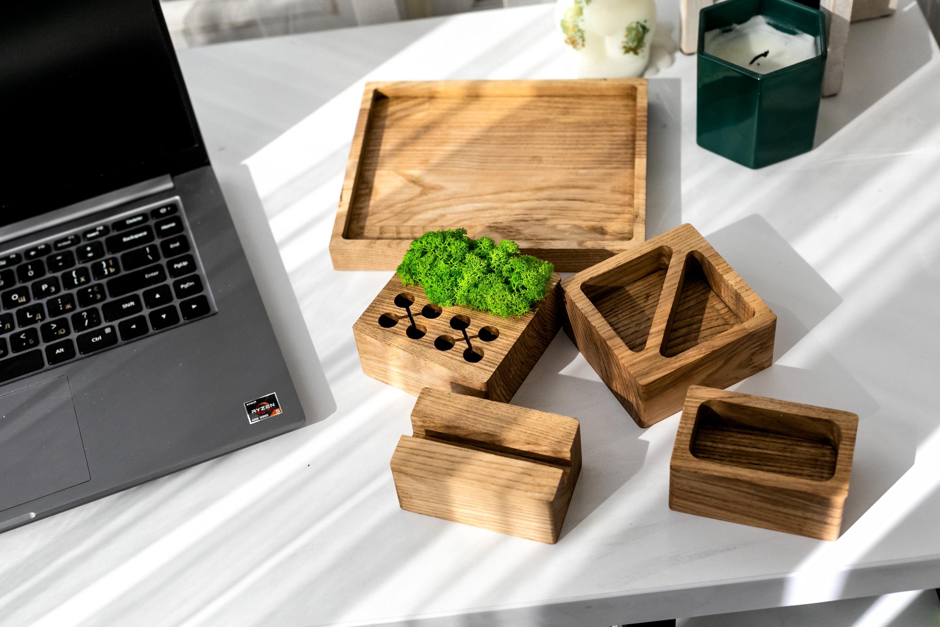 Modular Ash Wood Desk Organizer with Moss | Eco Friendly Office Storage | Wooden Docking Station | Mens Office Gift | Minimalist Desk Setup