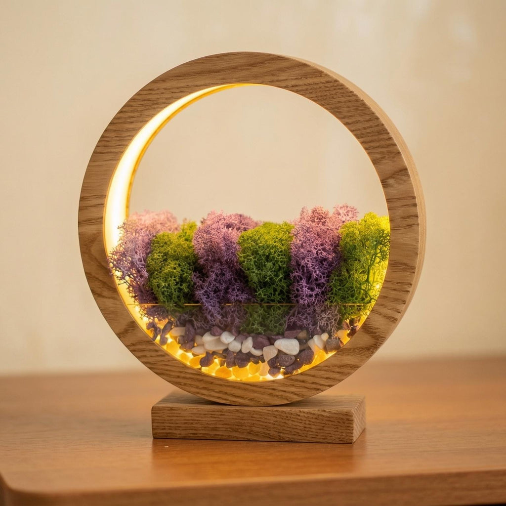 Purple & Green Moss Night Light | Round Wood Lamp