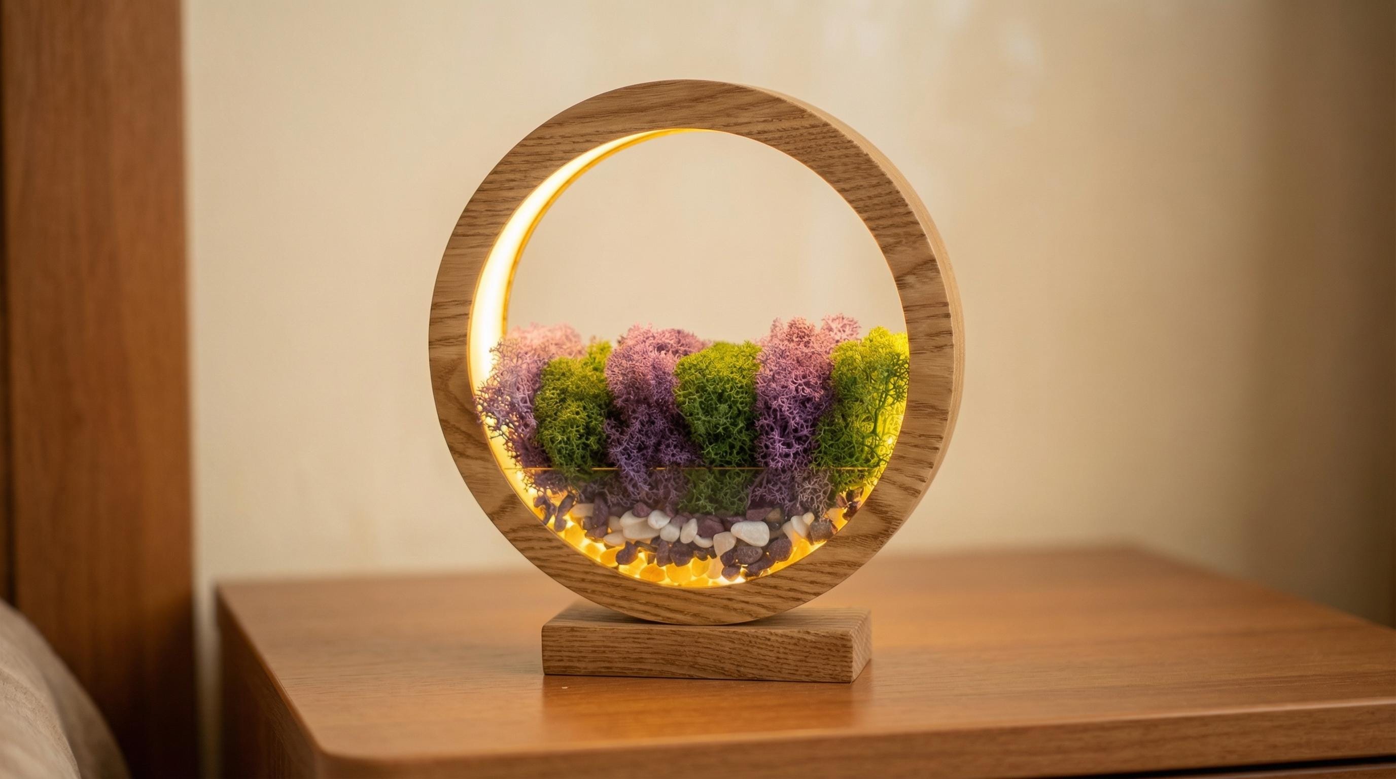 Purple Green Moss Night Light, Handmade Wood Circle Lamp, Biophilic Bedside Decor