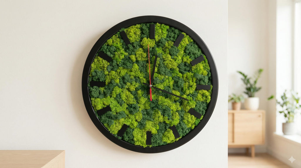 Modern Wood & Moss Wall Clock | Silent Timepiece