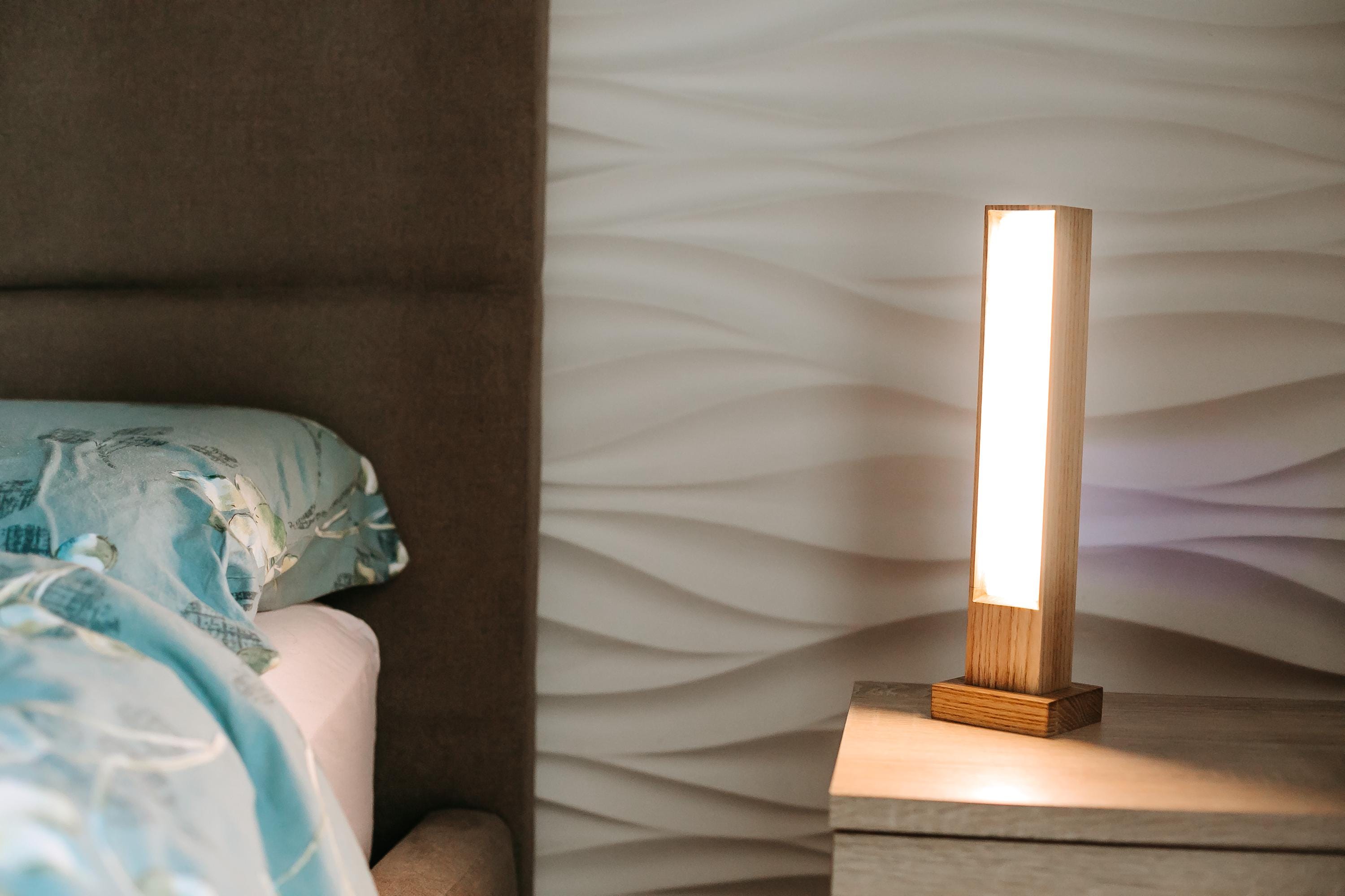 Minimalist Wood Column Lamp, Modern USB Desk Light, Geometric Office Decor