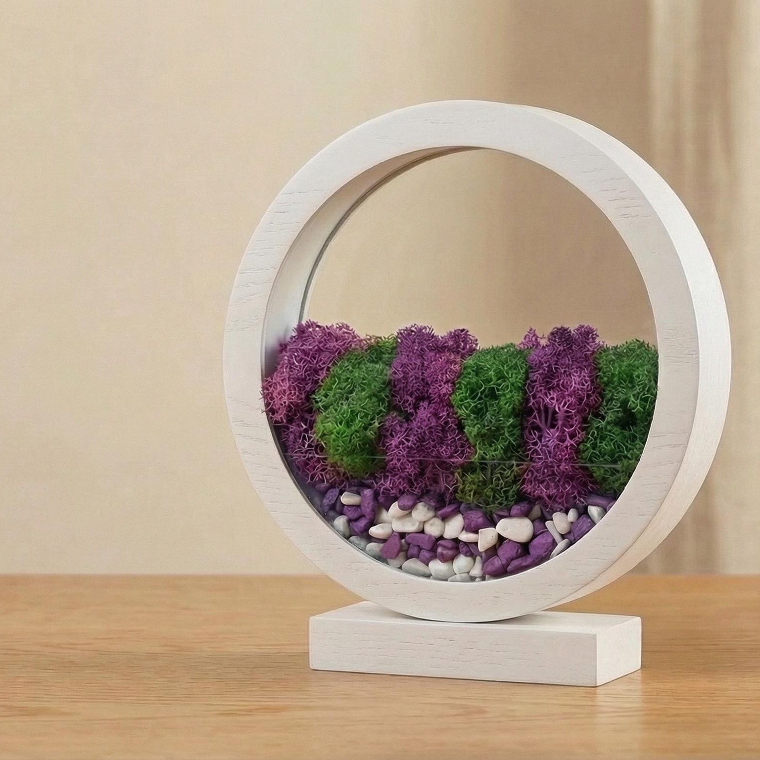 Purple & Green Moss Night Light | Round Wood Lamp