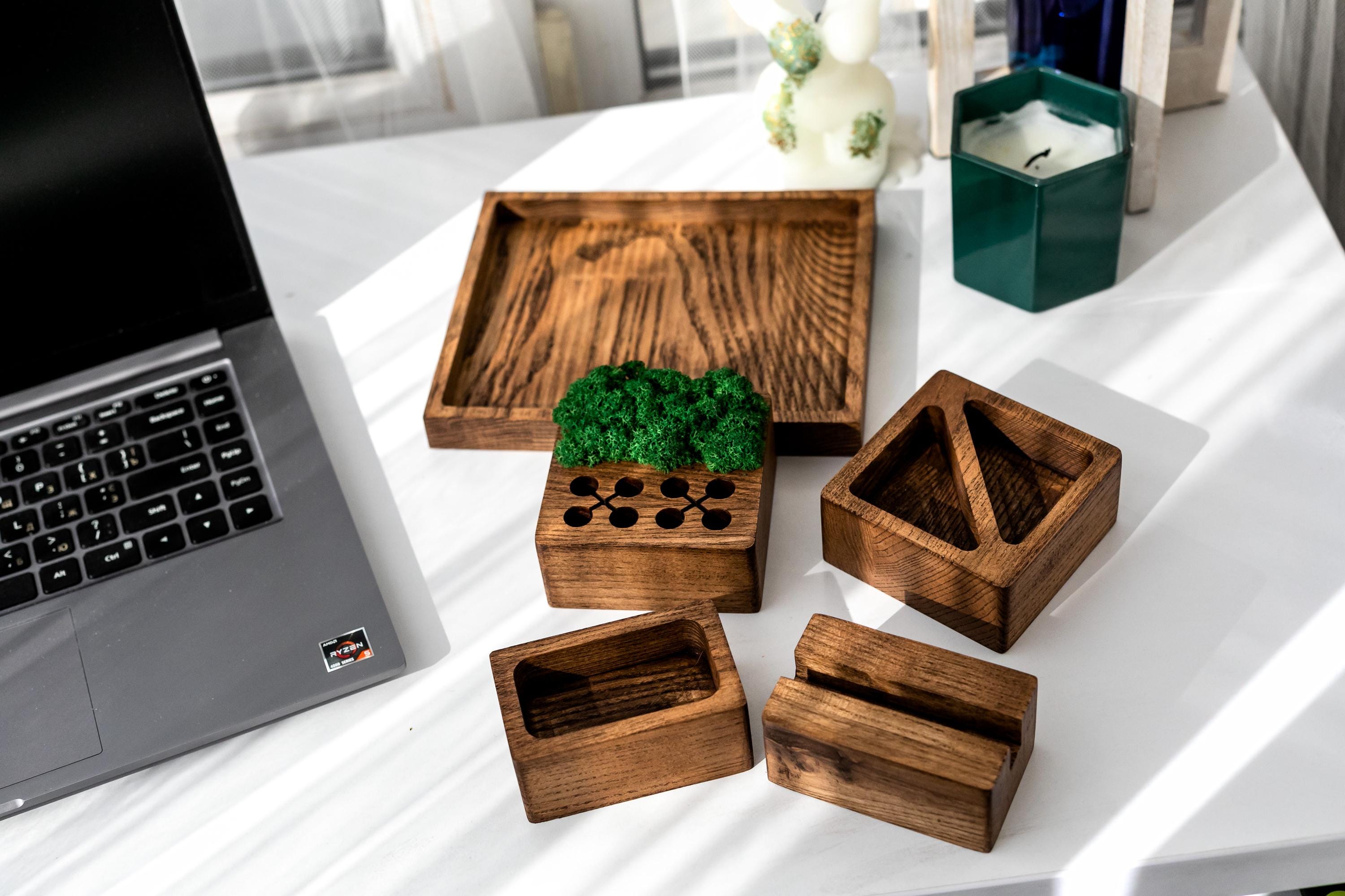 Modular Ash Wood Desk Organizer with Moss | Eco Friendly Office Storage | Wooden Docking Station | Mens Office Gift | Minimalist Desk Setup