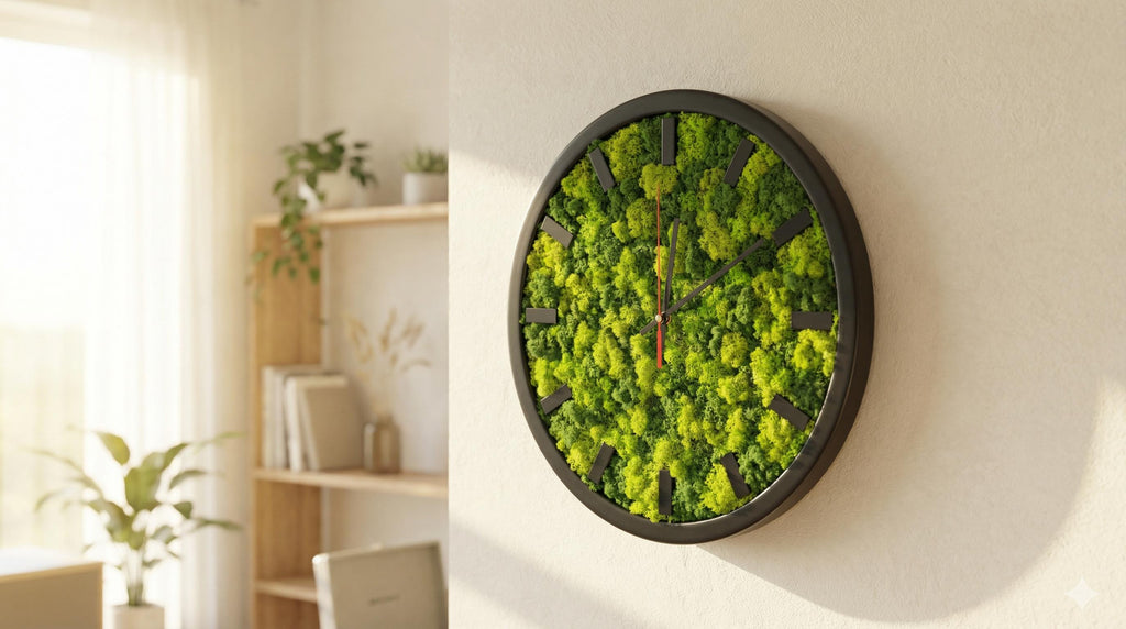 Modern Wood & Moss Wall Clock | Silent Timepiece