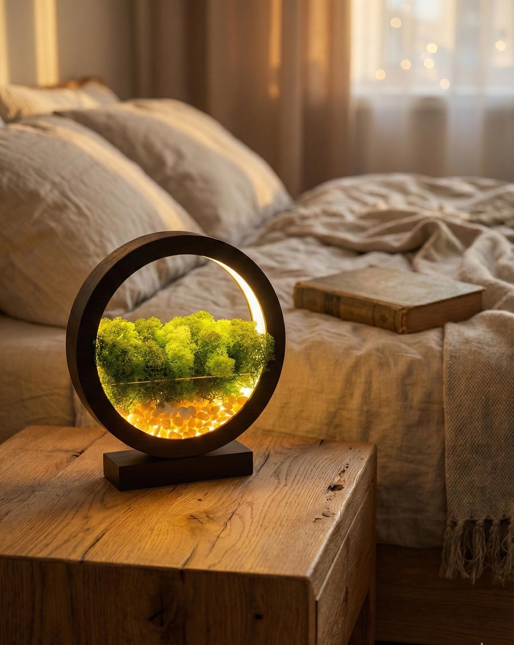 Wooden Table Lamp with Preserved Moss | Terrarium Night Light | Scandinavian Home Decor Lighting