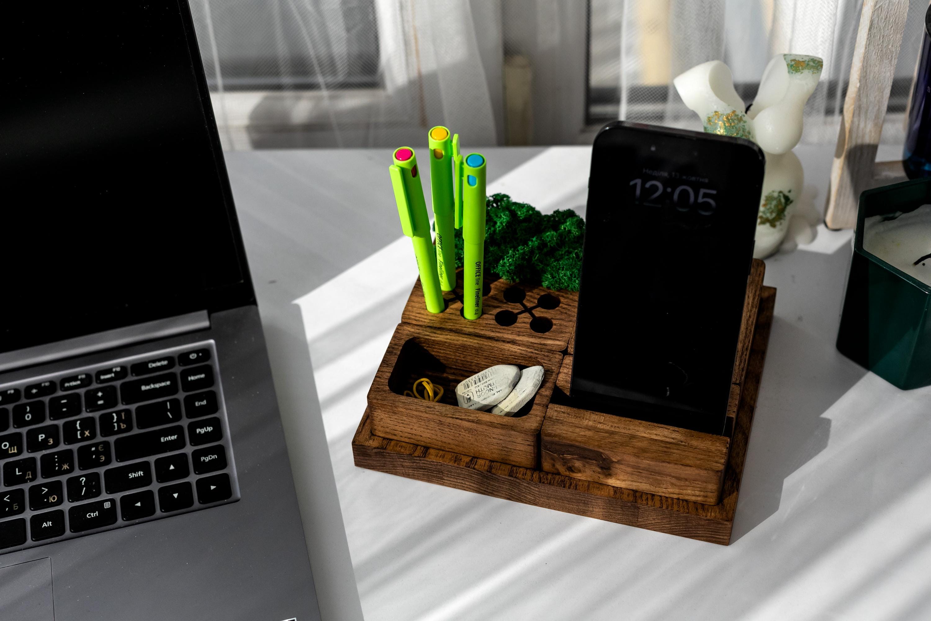 Modular Ash Wood Desk Organizer with Moss | Eco Friendly Office Storage | Wooden Docking Station | Mens Office Gift | Minimalist Desk Setup