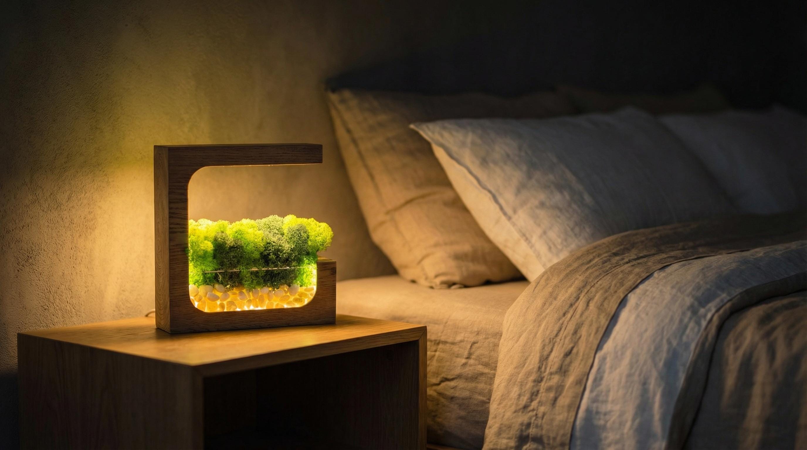Wooden Moss Desk Lamp | Preserved Nature Scene, Pebbles, USB-C Table Light