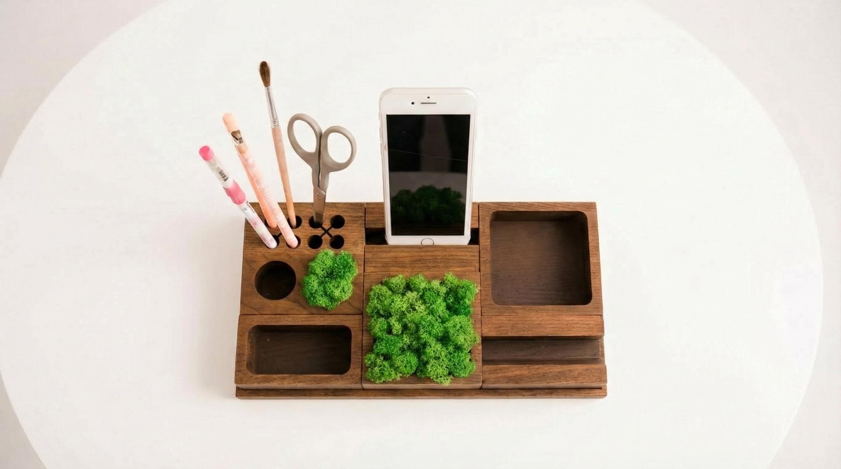 Large 6-Piece Wood Desk Organizer Set | Executive Office Storage | Modular Docking Station with Moss | Personalized Boss Gift| Ash Wood Tray