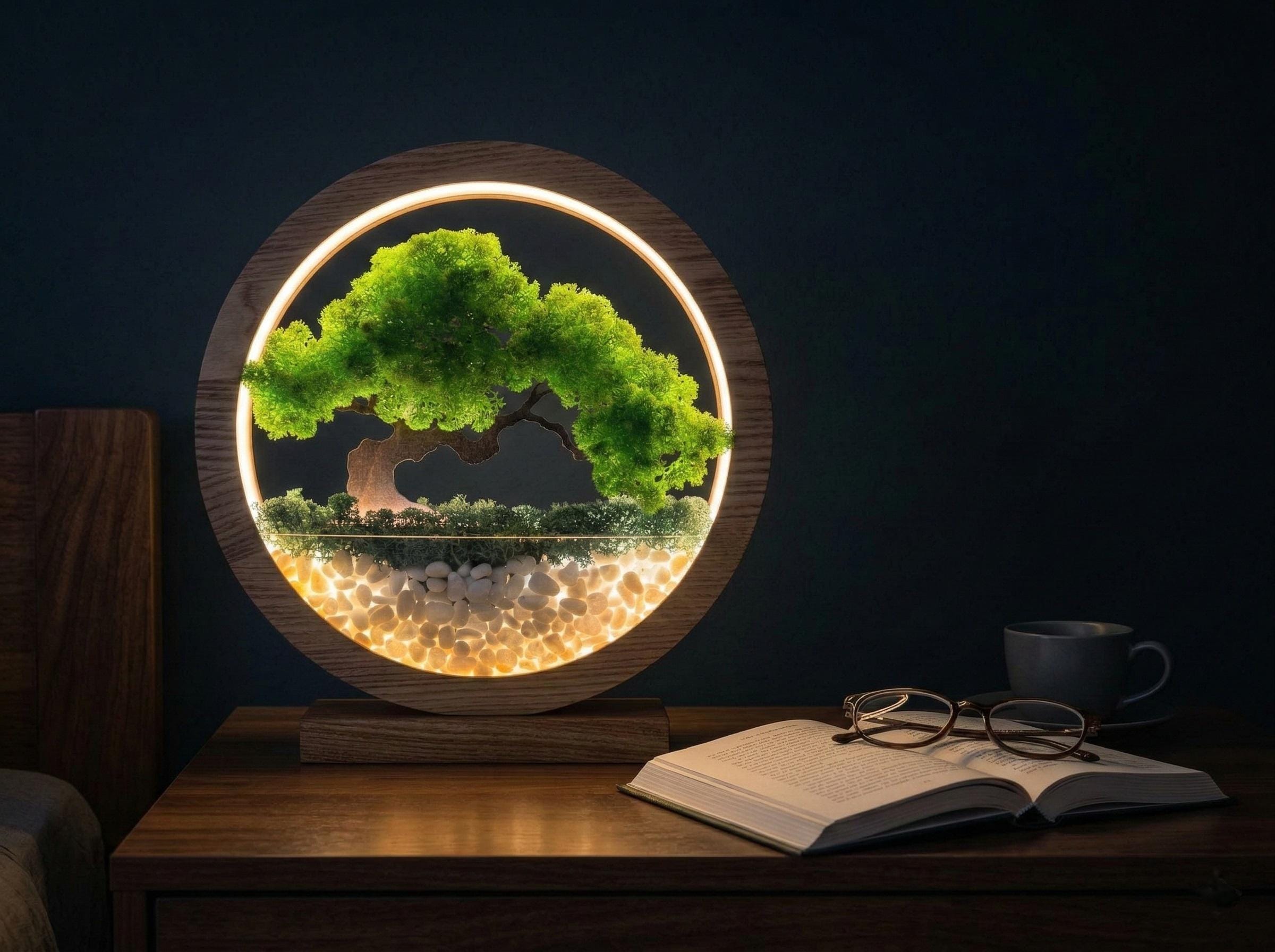 Faux Moss Bonsai Lamp, Zen Garden Tree of Life, Preserved Moss, Japandi Decor Nightlight