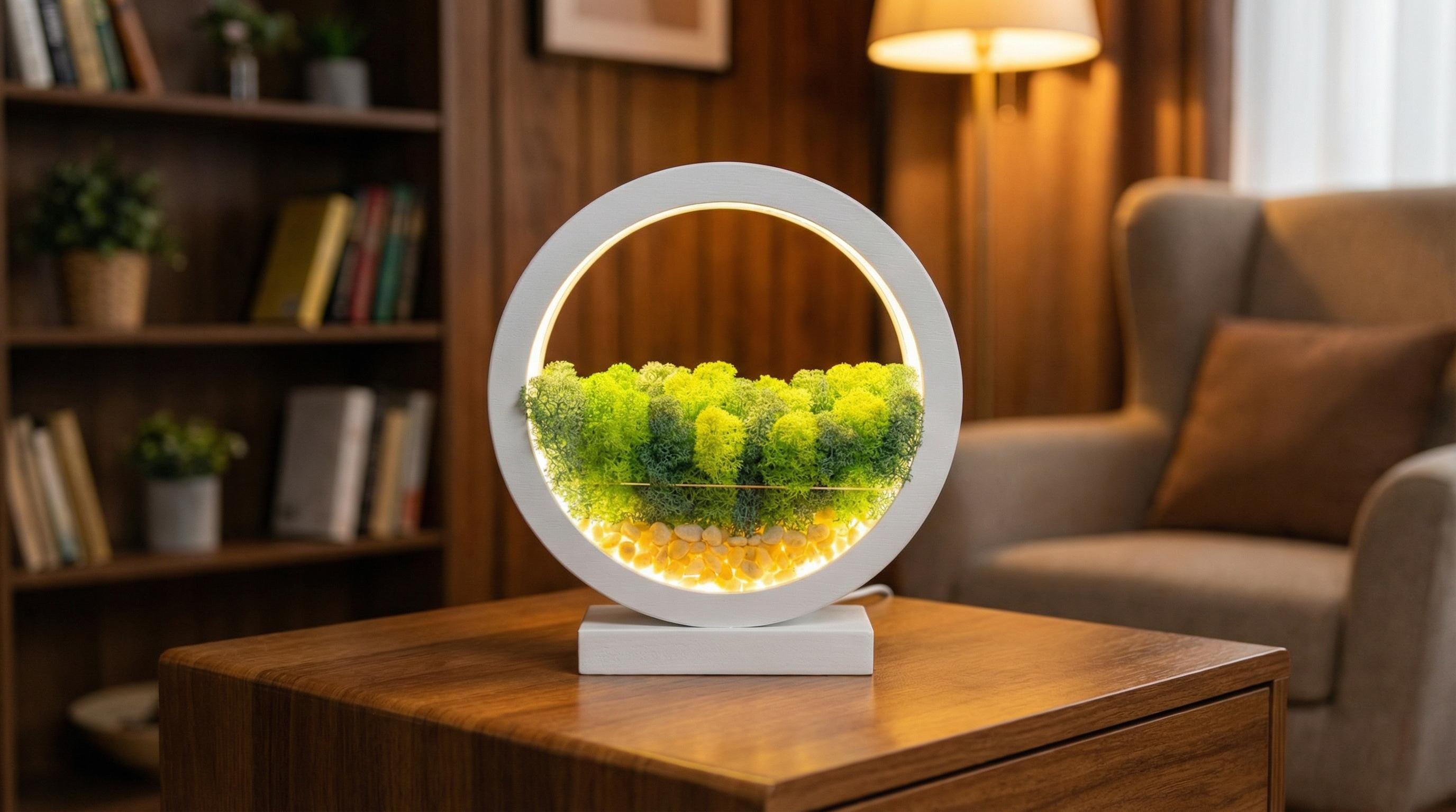 White Wooden Night Light with Moss | Minimalist Desk Lamp | Scandinavian Home Decor Lighting